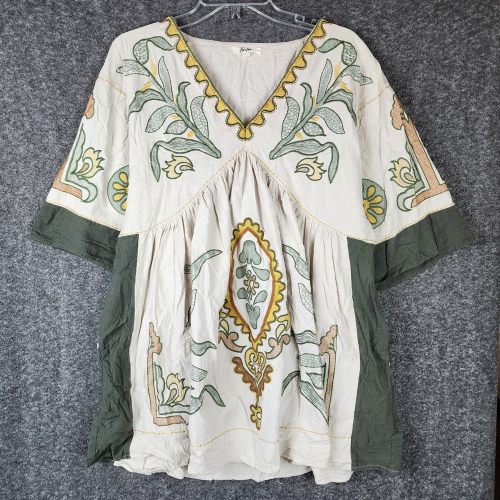 Blue Velvet Tunic Top Womens S/M Boho Embroidered V-Neck Cream Green EUC